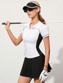 Gameset SHEIN Sport 女士简约撞色插肩袖高尔夫Polo衫，夏季 - 黑與白 - 查看 5
