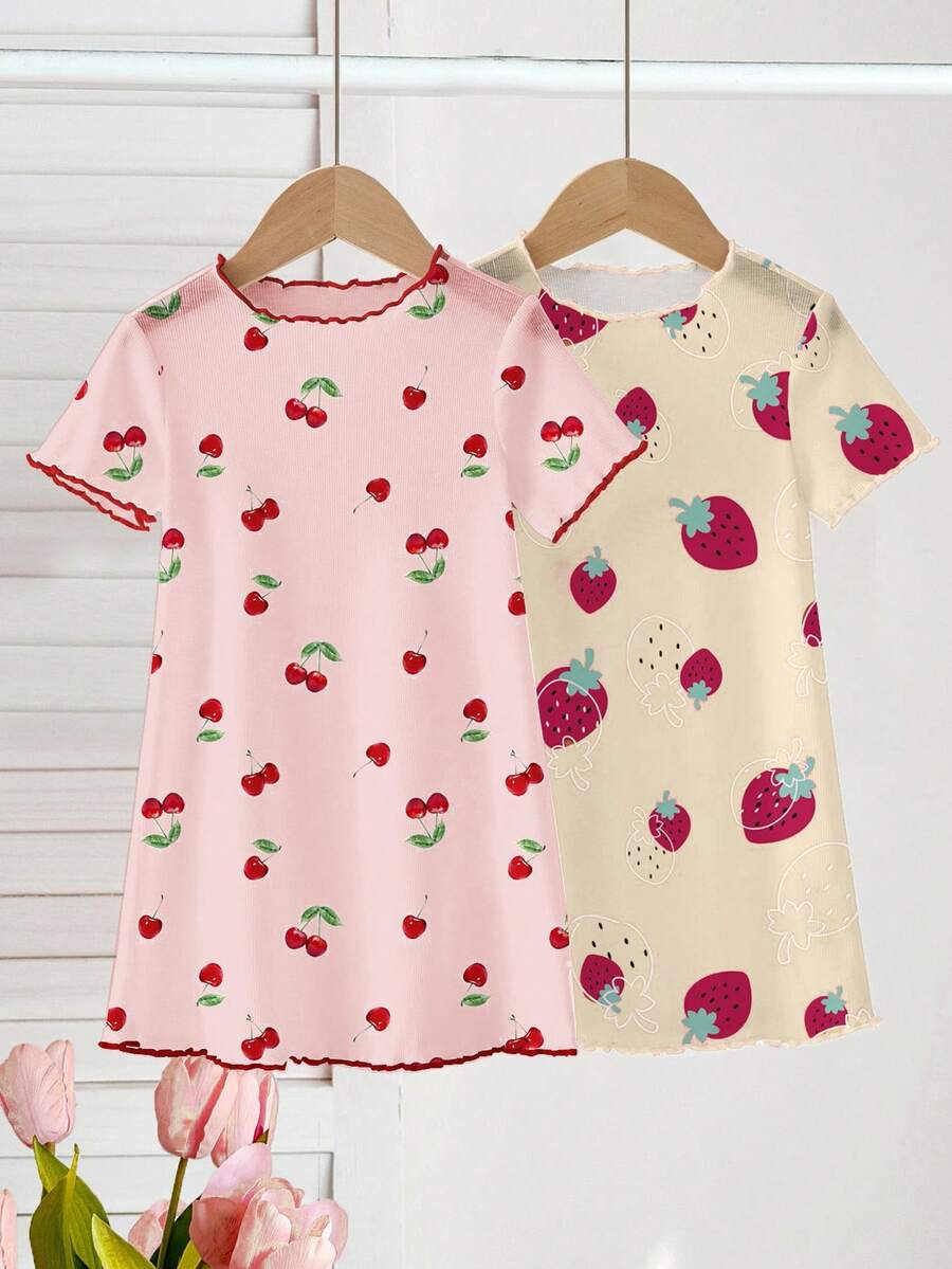 SHEIN Baby Girls Strawberry & Cherry Pattern Cute Simple Homewear Dress Set, Suitable For Summer - Multicolor - View 1