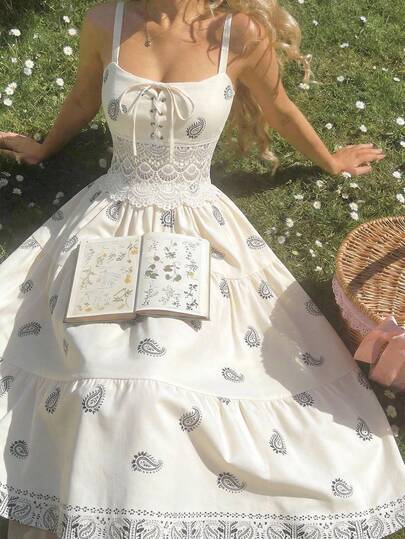 SHEIN MOD Bohemian Style Patterned Faux Embroidered Lace Cut-Out Waist Dress With Multi-Layered Tiered Skirt – Western Wear, Perfect For Romantic Occasions, Vacation, Beachwear, Date, Picnic, Party, Prom, Festival, And Birthday.Ivory Sleeveless Midi Dress Paisley Print Tiered Skirt Lace Trim Fitted Bodice Corset Lace-Up Front Bohemian Style Embroidered Details Lightweight Feel Flared Silhouette Soft Texture Scalloped Hem Artistic Pattern Summer-Inspired Airy Appearance Elegant Cut Gathered Waist Feminine Design Casual Chic Vintage Touch Relaxed Fit,Summer Holiday Outfits, Vacation Outfits , Carnival Costume , Valentines Day Outfit  , Valentine Outfits For Women , Summer Outfits , Spring Break Outfits