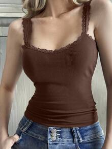 Livesso Women's Summer Casual Versatile Knitted Ribbed Lace Trim Fitted Camisole - Coffee Brown - View 3