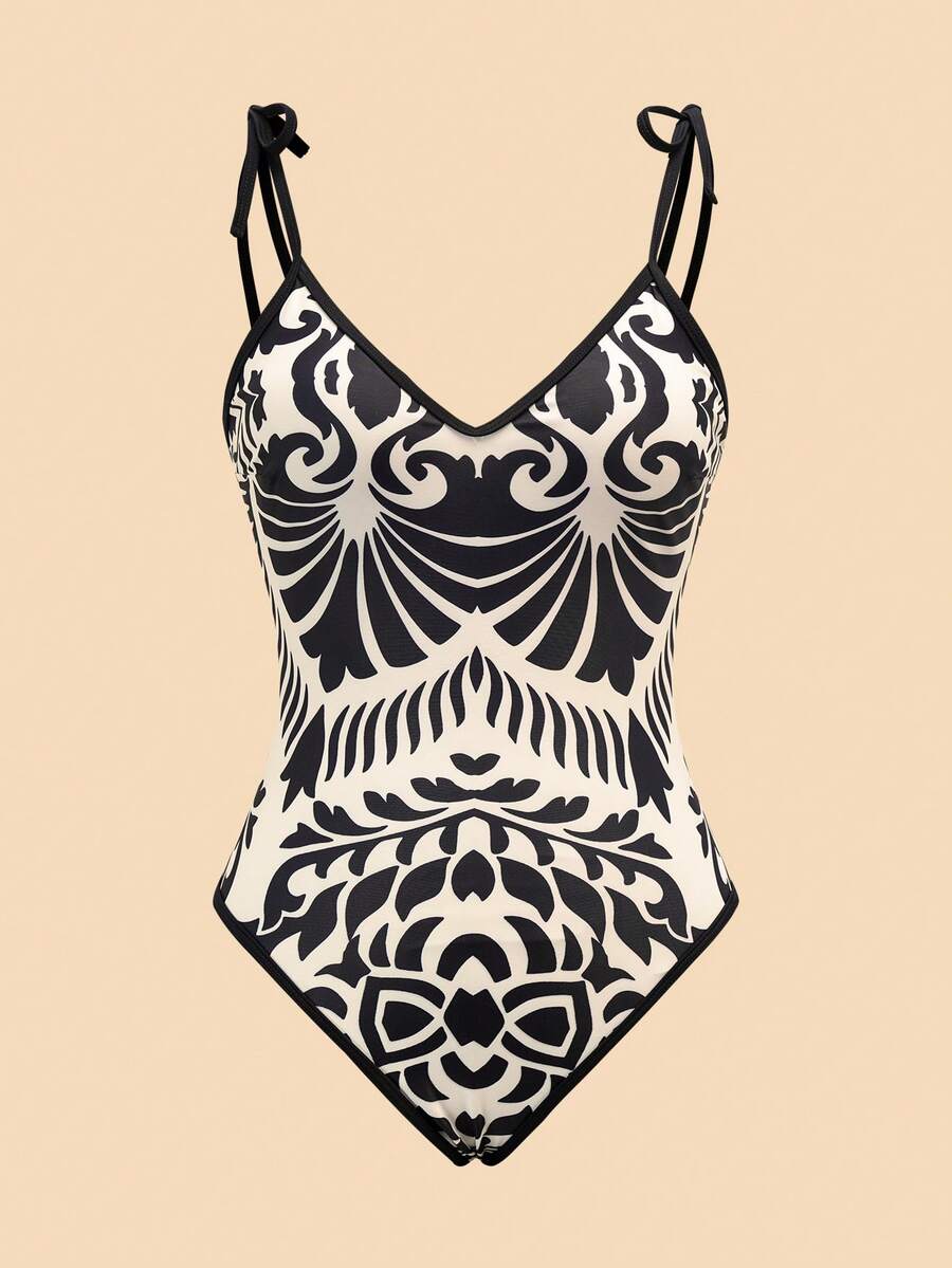 Travachic Áo tắm liền thân cổ chữ V buộc dây hai dây dành cho nữ, kiểu dáng cổ điển, thích hợp cho mùa hè. - Nhiều màu - Xem 1