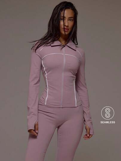 Musera Sport Collard Longline Contrast Ribbed BBL Zip Jacket Active Sport Workout Gym Pilates Fitness Daily Casual Smoky Quartz