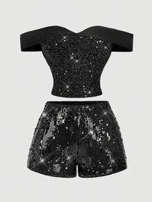 SHEIN MOD Women's Black Summer 70s Party Off-Shoulder Vintage Court Top,Shiny Sequin Embroidery,Sparkling Rhinestone Embellished Fitted Elegant Glitter Top - Black - View 6