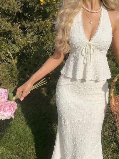 SHEIN MOD Women's Summer Casual Vacation Textured Halter Top And Fish Tail Hem Skirt 2 Pieces Set, Spring/Summer Outfit, Beach Vacation Outfits For Women, Party Outfit, Weddings & Events Outfit, Vacation Outfits, Date, Garden, Afternoon Tea, Picnic, Romantic And Adorable Summer Skirt Set, Tea Party Outfit, Elegant, Milky White Set