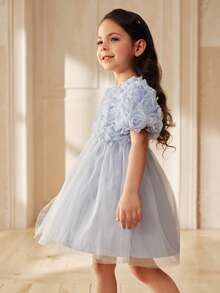 SHEIN Glamorique Kids 女童刺绣仿珍珠网纱纯色短袖连衣裙 - 藍色 - 查看 4