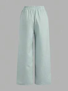 SHEIN EZwear 2件套水洗棉条纹宽松长裤，夏季 - 綠色 - 查看 6