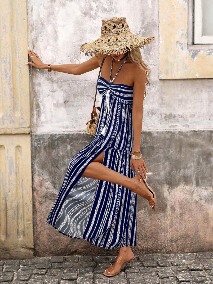 Brillora 女士无袖印花中长连衣裙，适合春夏度假穿着 - 藏蓝色 - 查看 1