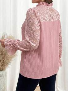 Reflora Plus Size Women Contrast Lace Frill Trim Tie Neck Elegant Blouse - Coral Pink - View 2
