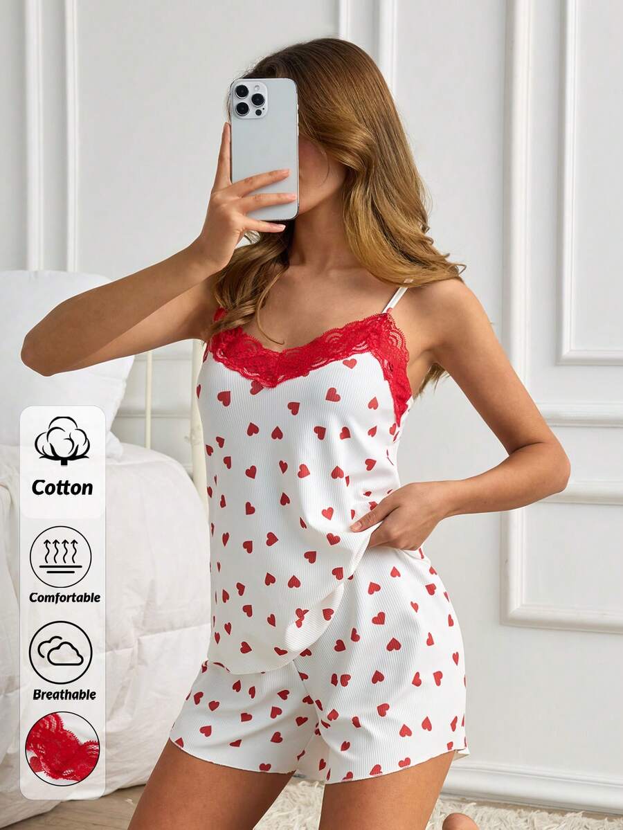 SHEIN Women Cotton 2 Pcs Contrast Colour Lace With Rib Knit Heart Patterned Sleep Top&Shorts Homewear Comfort Pajama Set - White - View 1