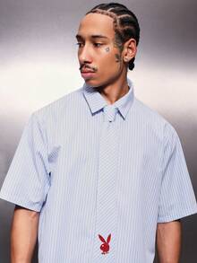 PLAYBOY X SUMWON Men's Cropped Button Down Shirt With Pinstripe Pattern And Bunny Embroidery Short Sleeve Collared Top - Blue and White - View 5