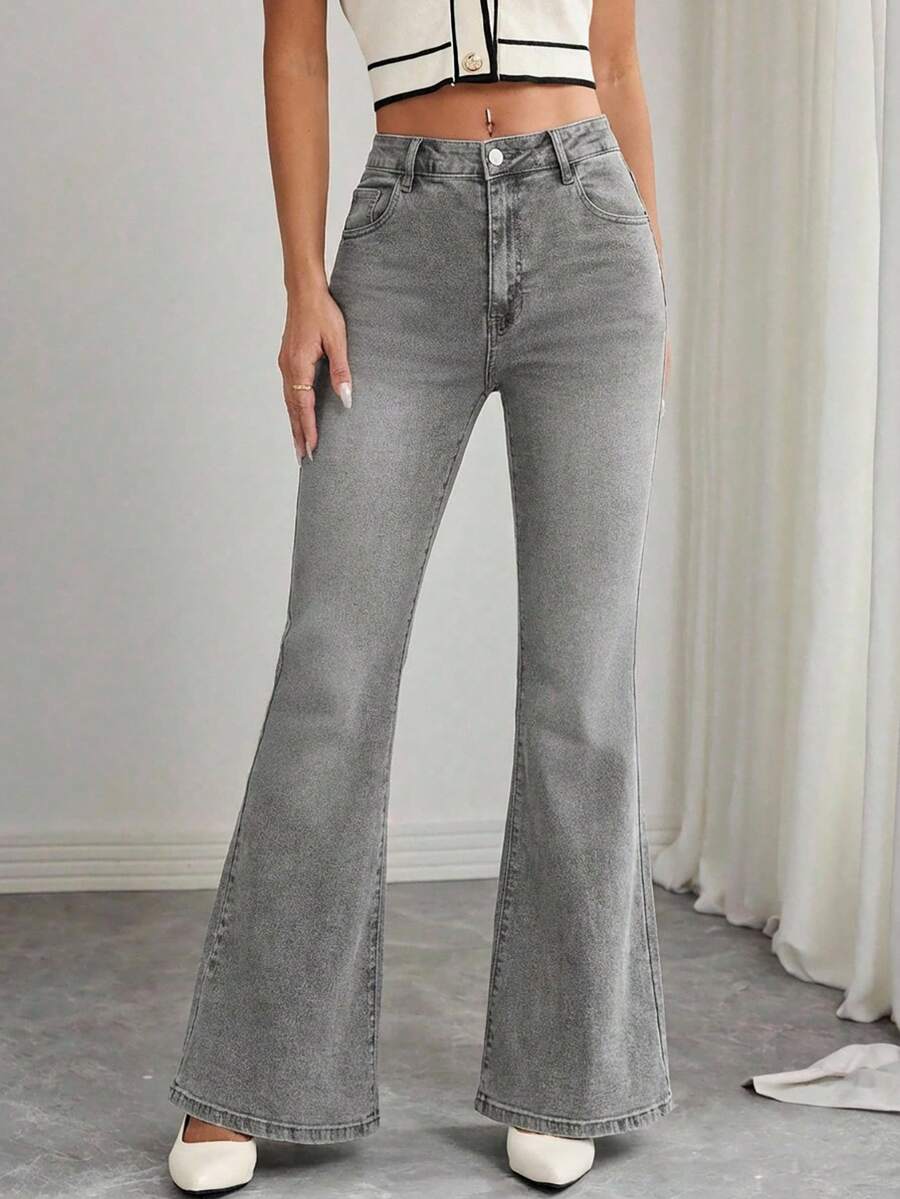 Jeanoix Plus Size Women Pockets Button Slim Fit Flared Jeans, Versatile For Daily Wear - Grey - View 1