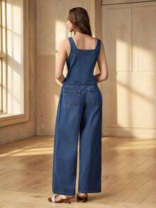 Selenza Women's Sleeveless Elegant Rose Button Denim Top And Straight Loose Fit Denim Pants Set - Medium Wash - View 2