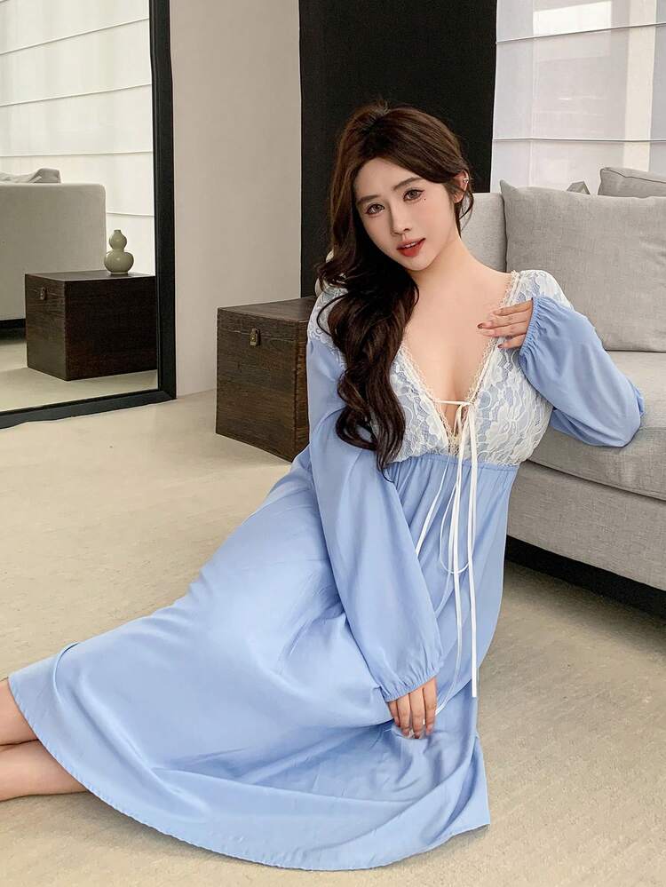 Dazy Plus Plus Contrast Lace Tie Front Night Dress