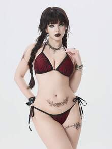 ROMWE Goth Contrast Binding Halter Triangle Tie Side Bikini Swimsuit - Multicolor - View 1