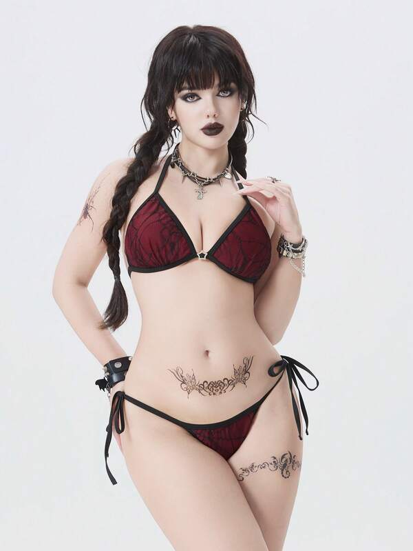 ROMWE Goth Contrast Binding Halter Triangle Tie Side Bikini Swimsuit