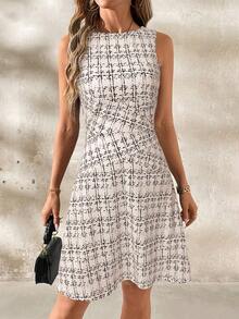 Editum 女士休闲度假通勤百搭格子印花无袖收腰连衣裙，夏季 - 杏色 - 查看 3