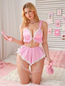 PetitDoll 2pcs/Set Women's Pink Lace Patchwork Camisole Lingerie Set - Pink - View 6