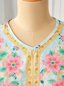 Tween Girls Vintage Floral Pattern Elegant V-Neck Gold Embroidery Print Trim Dress, Light Green - Multicolor - View 5