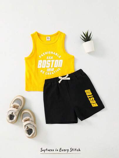 Cozy Pixies 2pcs Baby Boy Letter Print Crew Neck Sleeveless Vest And Casual Shorts Set