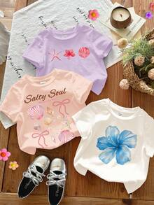 3pcs Chill Vacation Tropical Hibiscus, Frangipani, Starfish & Seashell Beach Print Casual Round Neck Short Sleeve Basic T-Shirts For Young Girls, Suitable For Spring/Summer, White, Pink, Purple - Multicolor - View 1
