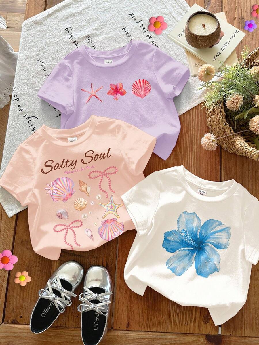 3pcs Chill Vacation Tropical Hibiscus, Frangipani, Starfish & Seashell Beach Print Casual Round Neck Short Sleeve Basic T-Shirts For Young Girls, Suitable For Spring/Summer, White, Pink, Purple - Multicolor - View 1