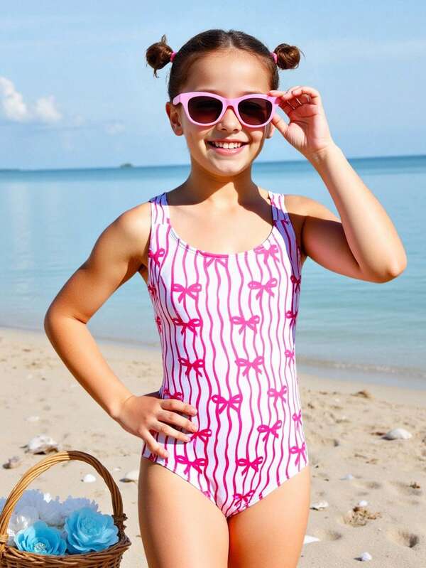 SHEIN Tween Girls One-Piece Swimsuit, Cute Girl's Vacation Shallow Blue Bestseller Bow Knit Fabric Pink & White Striped Print Jumpsuit, Fashionable Casual Elegant Lady Suitable For Swimming, Summer Vacation, Beach, Pool, Holiday Party Bow Pattern Bow Pattern Bow Pattern Bow Pattern Bow Pattern Bow Pattern Bow Pattern Bow Pattern One Piece Bathing Suit Preppy Tween Swimsuit Kids Pink Swimsuit Bow Pattern Pink Swimsuit Kids