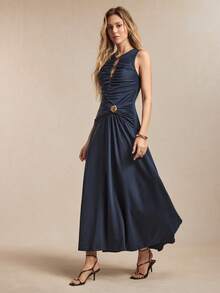 BizChic 新款春夏藏蓝色圆领连衣裙，饰有金属珠饰，镂空腰部设计，不对称褶皱下摆，不对称设计 - 寶藍色 - 查看 4