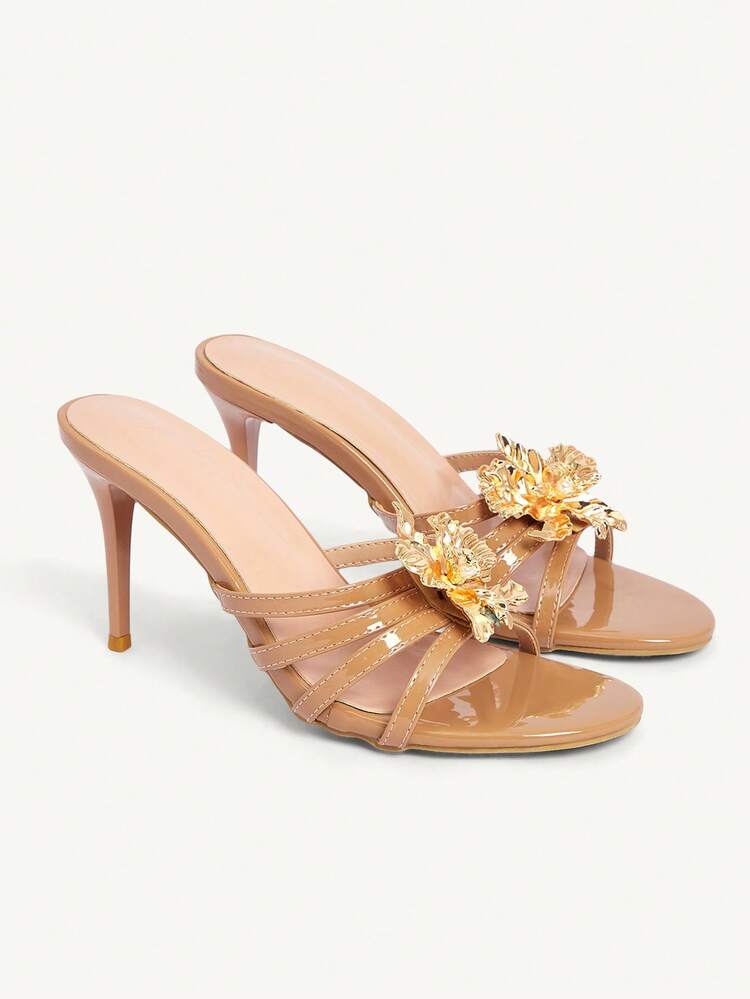 CUCCOO CHICEST Apricot Pointed Toe Stiletto Heel Slide Sandals With Gold Metal 3D Flower Decor, Sexy Open Toe High Heels For Women Wedding Shoes Spring Shoes Bride Shoes
