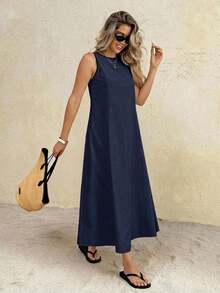 SHEIN Frenchy Đầm dài không tay cổ tròn màu trơn, dáng rộng, thanh lịch dành cho nữ - Màu xanh hải quân - Xem 4