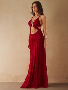 Silquee 女士性感纯色褶皱露背吊带连衣裙 - 紅色 - 查看 7