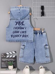 Tween Boy's Hooded Denim Vest And Shorts Set, Washed Style - Medium Wash - View 2