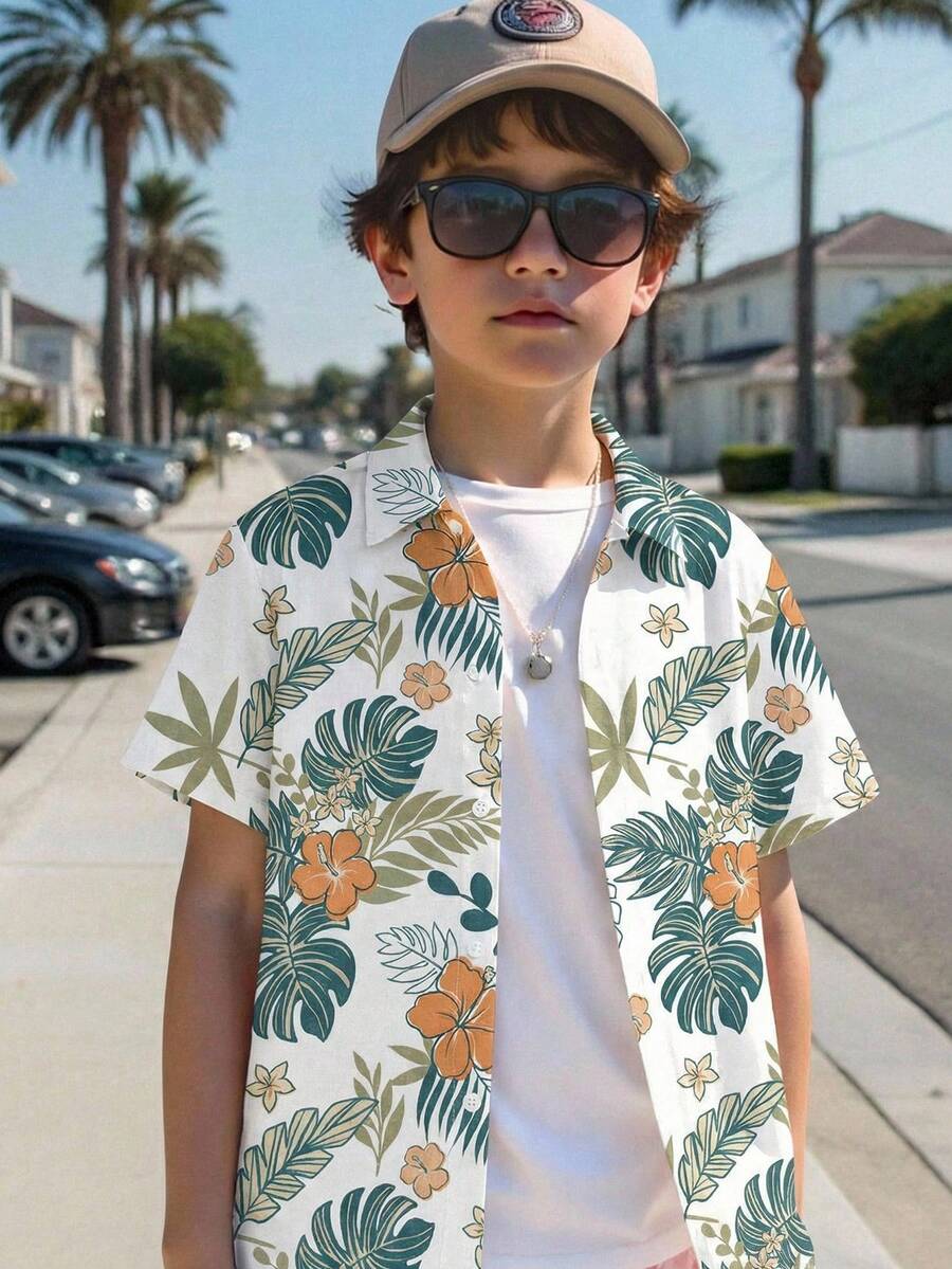 SHEIN 青少年男孩休闲时尚,风格,假日氛围,花卉衬衫,热带植物印花短袖Polo衫 - 彩色 - 查看 1