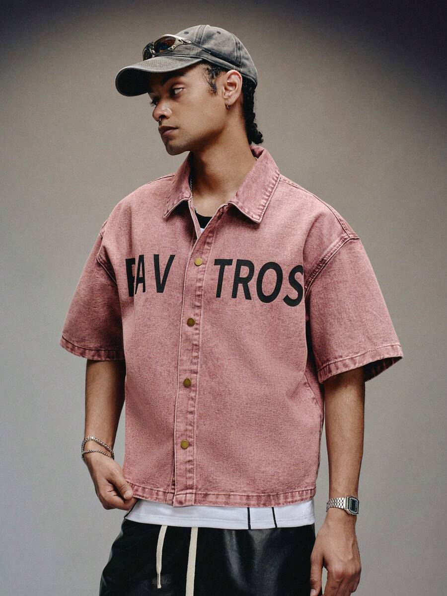 PAVTROS Juan Deng Washed Red Print Cropped Denim Top, Elevated American Style - Rust Brown - View 1