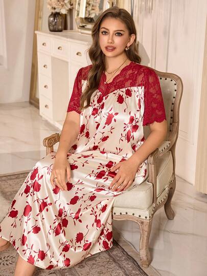 MuseNap CURVE 大码薄纱蕾丝拼接长款印花仿丝绸睡裙