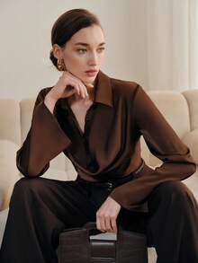 Anewsta 优雅褶裥领长袖衬衫，时尚百搭，适合新年、春季、夏季、情人节、派对等场合。 - 咖啡棕 - 查看 5