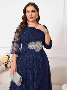 Reflora 大码优雅派对连衣裙，饰有3D立体花卉刺绣和网纱拼接 - 藍色 - 查看 4