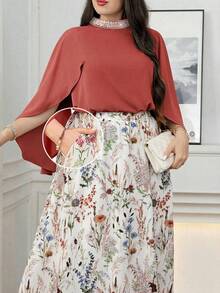 Reflora Plus Size Women's 2 Piece Set,Multicolor Elegant Blouse & Floral Printed Skirt With Pockets,Autumn Wedding Guest Outfit,Flowy Sleeve Bohemian Suits - Multicolor - View 2