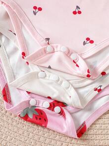 SHEIN Baby Girl Cherry Print Round Neck Short Sleeve Casual Romper - Multicolor - View 7