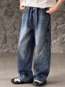 DAZY Tween Boy Pocketed Wide Leg Loose Casual Versatile Jeans - Blue - View 6
