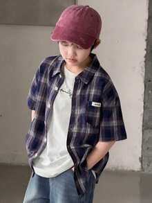 DAZY 男童字母贴布印花短袖单排扣休闲口袋衬衫（夏季款） - 藍色 - 查看 2