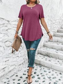 SHEIN Clasi Plus Size Solid Color Round Neck Short Sleeve Casual Summer Versatile T-Shirt, Summer Tops - Red Violet - View 7