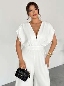 Firerie 女士夏季纯色深V领蝙蝠袖阔腿连体裤/白色亚麻服装/七月四日服装/海滩度假服装/商务休闲女装/办公室/夏季服装/毕业服装/下午茶聚会/优雅露背吊带/优雅露背吊带连体裤 - 白色 - 查看 1