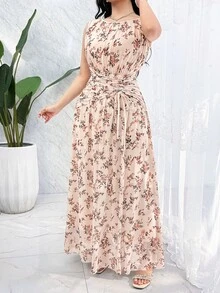Feyla Women's Floral Print Ruched Waist Elegant Dress, Suitable For Dates And Parties - Apricot - View 6