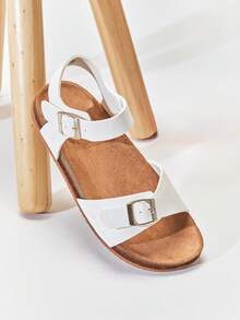 Mini mi 儿童超轻超柔软鞋垫搭扣带优质人造革白色凉鞋——舒适、支撑性好、时尚 - 白色 - 查看 1