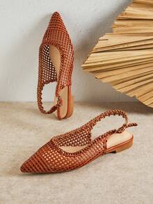 SHUZIA 女式宽版时尚编织尖头露跟平底鞋 - 棕色 - 查看 8