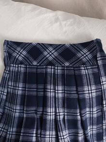 SHEIN 少女休闲百褶格子裙，藏青色和白色，适合外出、上学、通勤和日常穿着 - 藏蓝色 - 查看 5