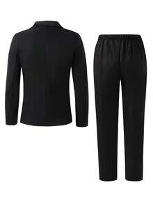 两件套青少年男士绅士套装，包括：黑色缎面领修身单层正装外套 + 黑色纹理西裤。优雅休闲的户外个性化西装，适合生日派对、晚宴、演出、主持、婚礼季等场合。 - 黑色 - 查看 2