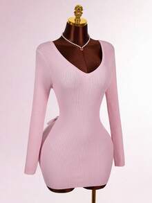 Amplova Women's Backless Bow Tie Mini Long Sleeve Dress, Red Sexy Sweater Suitable For Dates, Valentine's Day Parties, Casual And Sexy Daily Wear - Pink - View 6