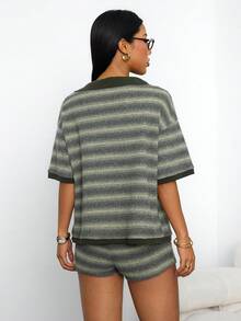 SHEIN PETITE 两件套女士条纹休闲套装,适合日常外出、休闲、旅行和工作穿着,秋季女装,女士短款套装,夏季上衣,女士针织上衣 - 綠色 - 查看 3