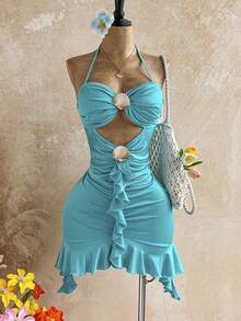 Soleia 女士度假性感露背系带镂空荷叶边贝壳装饰不对称荷叶边下摆迷你连衣裙，适合春夏海滩、邮轮、城市度假 - 水鴨藍 - 查看 8